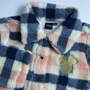 Disney Pink Blue White Gold Plaid Snap Button Sherpa Fleece Sweater Jacket Small